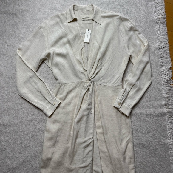 NEW Anthropologie Twist Knot Front Vneck Linen Midi Dress 6 Neutral Minimalist - Picture 3 of 9